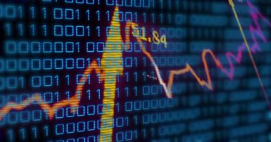 Pembe ve turuncu çizgili çizgiler düz dizaynlı neon mavi ikili kod ızgarası üzerinde canlanıyor. Teknoloji, veri, dijital, analitik, görselleştirme, fütüristik, arayüz