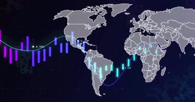 Koyu arayüzde canlandırılan basitleştirilmiş dijital dünya haritası çubuk çizelgeleri ve çizgi eğrilerini gösteriyor. Analizler, veri görselleştirme, bilgi grafikleri, teknoloji, fütürizm, dijital arayüz, bilgi tasarımı