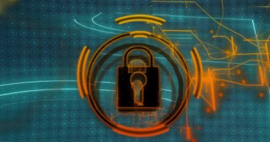 Turuncu parlayan asma kilit ikonu merkezde titreşiyor, mavi yay devre yollarını gösteriyor. Fütürist, siber güvenlik, dijital, teknoloji, soyut, güvenli, yenilik