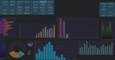 Koyu temalı gösterge paneli veri görselleştirmelerini sayısal tablo, grafikler ve kırmızı mercekle sunar. Teknoloji, veri, analiz, arayüz, görselleştirme, dijital, fütüristik