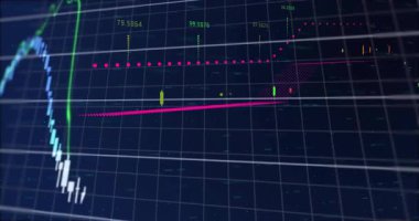 Karanlık ızgara arayüzü boyunca hareket eden şamdan çubuklarını ve trend çizgilerini gösteren mali tablo. Veri görselleştirme, analitik, finans, teknoloji, dijital, yatırım, analitik gösterge paneli