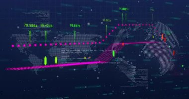 Noktalı düz dünya haritası, canlı şamdan grafikleri, yüzen kod ve mor çizgi grafiklerini gösteriyor. Teknoloji, veri, analiz, dijital, görselleştirme, finans, fütüristik