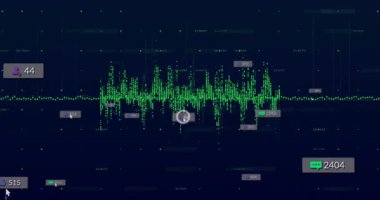 Yüzen tezgah simgeleriyle sürekli olarak karanlık arayüz boyunca hareket eden yeşil dalga formu görselleştirmesi. Futuristik, teknoloji, analitik, dijital, siber, veri, arayüz