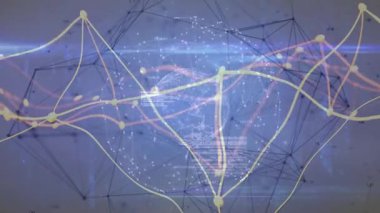 Sarı turuncu ağ çizgileriyle dönen şeffaf 3D küre, dağılım kodu ve kablo çizgileri. Futuristik, ağ, dijital, teknoloji, bağlantı, soyutlama, veri