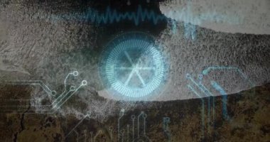 Turkuaz HUD parçacığı hava dalgaları, devre hatları ve ızgara ile görüntüleniyor. Gelecek, teknoloji, yenilik, deniz, dijital, soyut, okyanus bilimi