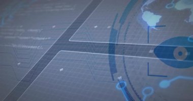 Animasyon UI desen gösteriyor, mavi-gri ızgara, bağlayıcılar, artı işareti simgeleri ve dairesel HUD. Futuristik, teknoloji, ağ, görselleştirme, dijital, arayüz, soyut