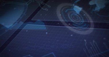 Mavi ızgara üzerinde canlandırılan dairesel HUD arayüz grafiği dalga biçimleriyle veri panelleri içeriyor. Fütürist, dijital, arayüz, teknoloji, veri, görselleştirme, soyut