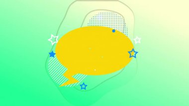 Yeşil lekeler arasında süzülen sarı konuşma balonu, mavi noktalı yay ve beyaz yıldız motifleri. Soyut, dijital, canlı, oyuncu, geometrik, dinamik, grafik tasarımı