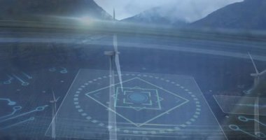 Holografik dairesel arayüz paneli rüzgar çiftliğine yansıtılıyor. Türbin ve ızgaraları gösteriyor. Gelecekçi, teknoloji, yenilenebilir, yenilik, minimalist, dijital sanat, sürdürülebilir