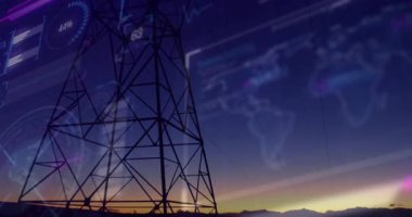 3 boyutlu iletim kulesi projeksiyonu bar haritaları, dünya haritası ve gece gökyüzünde ilerleyişi tuşları. Gelecekçi, teknoloji, veri, altyapı, dijital, endüstriyel, küresel