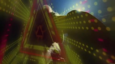 Kadın vokalist silueti konser sahnesinde canlı LED noktalarıyla, radyal desenler oluşturur. Dramatik, anlamlı, enerjik, dinamik, teatral, atmosferik, modern