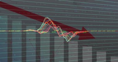 Düz tasarımda finansal düşüş, soluk çubuklar ve renkli çizgiler üzerinde kırmızı ok. Finansal analiz, veri görselleştirme, dijital arayüz, bilgi teknolojisi, iş zekası, teknoloji bilgisi, modern tasarım