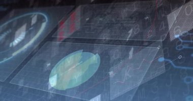 Sanal paneller şebeke zemininde yüzüyor, çevirmeli arama ve tart grafiği verilerini kaydırıyor. Gelecek, teknoloji, yenilik, dijital, veri, analitik, kontrol