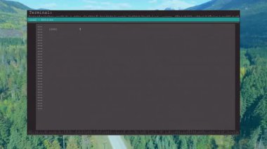 Düz tasarım kullanarak, ormanın duvar kağıdı üzerinde SQL kodlarını ASCII cetvelleriyle gösteren terminal penceresi. Teknoloji, programlama, siber güvenlik, dijital, yenilik, çalışma alanı, soyutlama