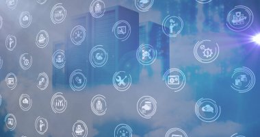 Sunucu odasının üzerine düşen simgelerin resmi. küresel bağlantılar, veri işleme ve teknoloji konsepti dijital olarak oluşturulmuş görüntü.