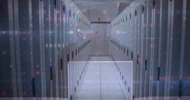 Arka plandaki bilgisayar sunucularında uyarı metni ve veri işleme resmi. küresel internet güvenliği, veri işleme ve dijital arayüz konsepti dijital olarak oluşturulmuş görüntü.