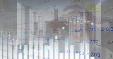 Klavye ve şehir manzarasında daktilo kullanan beyaz bir kadının finansal veri işleme görüntüsü. küresel finansman, bilgisayar ve dijital arayüz kavramı dijital olarak oluşturulmuş görüntü.