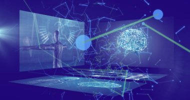 Mavi arkaplan üzerinde bağlantı ve veri işleme ağının resmi. küresel bağlantılar, veri işleme ve dijital arayüz konsepti dijital olarak oluşturulmuş resim.