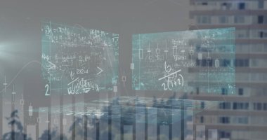 Yüksek binalara karşı matematiksel denklemlerle istatistiksel veri işleme ve ekranlar. küresel iş ve teknoloji kavramı