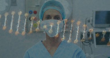 Yüz maskesi takmış beyaz kadın cerrahın üzerindeki DNA ipliği. küresel bilim, tıp ve sağlık hizmetleri konsepti dijital olarak oluşturulmuş imaj.