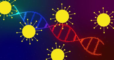 DNA iplikçiklerinin üzerinde hareket eden 19 hücrenin görüntüsü. küresel covid 19 salgın hastalık ve sağlık konsepti dijital olarak üretilen görüntü.