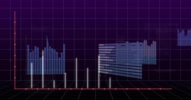 Neon gösterge panelini gösteren, parlayan kirişler ve çubuk grafikleri gösteren üç boyutlu holografik veri görselleştirmesi. Fütüristik, teknoloji, analitik, dijital, arayüz, yenilik, sürükleyici
