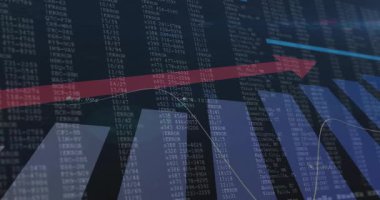 Analitik arayüz mavi çubukların yükseldiğini gösteriyor, beyaz sütunlar, ERROR, sarı trend çizgisi, kırmızı ok. Teknoloji, veri, gösterge paneli, görselleştirme, analitik, performans, dijital