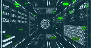 Merkezi dairesel arayüz veri tünelinde dönüyor, ikili basamaklar ve paneller 3 boyutlu görüntüleniyor. Siber uzay, fütürizm, dijital, görselleştirme, teknoloji, sanal, arayüz