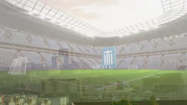 Stadyum güvertesinde yüzen Yunan bayrağı ikonu ve GREECE metni, projektörlerin altında parlayan şehir manzarası. Stadyum, mimari, modern, kentsel, canlı, ticari, marka