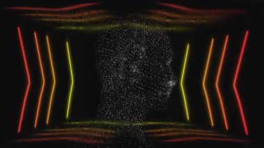 İkili kodlu kafa karanlık dijital tünelde sürükleniyor, neon sembollü ışık desenleri yayıyor. Fütürist, siber, sanal, soyut, neon, teknolojik, yenilik