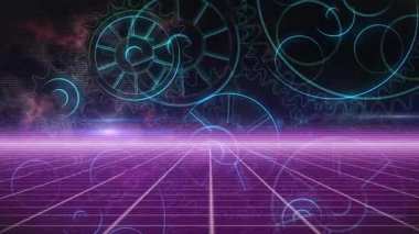 Mor şebeke katı, aksaklıkların ortasında yüzen mavi dişli çizgilerle neon ufka doğru çekiliyor. Siber uzay, fütürizm, neon, teknoloji, soyut, dijital, sanal