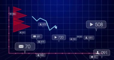 Derin mavi 3D ızgara üzerinde yüzen bilgi elemanları çizgi çizelgeleri ve çağrı simgelerini gösteriyor. Gelecek, teknoloji, veri, arayüz, analitik, görselleştirme, dijital