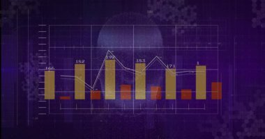 Veri paneli insan kafası siluetini çizelgeler, çizgi grafikleri, dalga biçimi çizgileri ile gösteriyor. Analizler, görselleştirme, teknoloji, yenilik, zeka, dijital, fütüristik