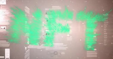 Bej arka planda süzülen yeşil DFT parçacık tabanlı harfler, süzülen grafikleri ve grafikleri gösteriyor. Teknoloji, yenilik, veri, analitik, görselleştirme, arayüz, dijital sanat