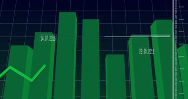 Finansal tabloda yükselen yeşil 3D çubuklar, neon yeşil çizgiler ise yalakaların izi sürülüyor. Veri, analitik, görselleştirme, gösterge paneli, finans, teknoloji, dijital