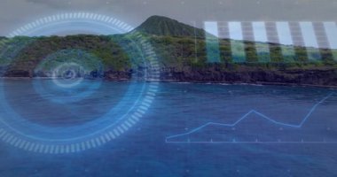 Sahil manzarası yeşil volkanik tepeyi ve kayalık sahili gösteriyor. Deniz manzarası, arazi, manzara, teknoloji, görselleştirme, ekoloji, dinginlik