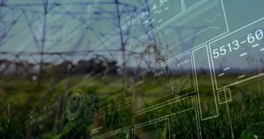 Elektrik kuleleri kırsal alanlara hükmediyor HUD panelleri ve sayısal ölçümleri gösteriyor. Teknoloji, altyapı, dijital, enerji, veri, yenilik, sanayi