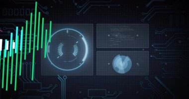 Renkli bar çizelgelerini ve trend çizgilerini gösteren dijital gösterge paneli, şamdanlar, kod panelleri. Gelecekçi, analitik, arayüz, veri görselleştirme, teknoloji, ui, yenilik