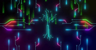 Neon-mavi devre ağacı soyut bir sahnede yukarı doğru parlıyor ve dallanıyor, üst üste biner haneli rakamlarla. Fütürist, teknolojik, soyut, dijital, neon, yenilik, yapay zeka