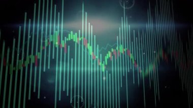 Şebeke üzerinde hareket eden şeffaf çubuklar kırmızı-yeşil şamdan HUD oluşturarak çapraz kirişler oluşturur. Futuristik, analitik, teknoloji, veri, finans, arayüz, dijital