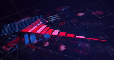 3D bar grafikleri, turta grafikleri ve neon ışıklı ışıklandırmalarla gelecek gösterge paneli sahnede canlandırılıyor. Teknoloji, veri görselleştirme, yenilik, analitik, dijital arayüz, neon, modern