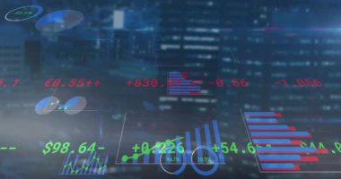 yeşil sayı + 54.654 bulanık siluet üzerinde gösteriliyor çizgi grafikleri ve dairesel grafikler gösteriliyor. Finansal veriler, dijital analitikler, kentsel teknoloji, veri görselleştirme, yatırım büyümesi, finansal arayüz, geleceksel tasarım