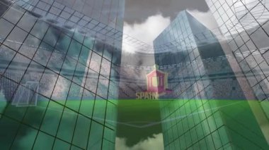 İspanyol arması ve Spatin metni 3D üzerinde süzülüyor, futbol sahası görüntüsü veriyor. Stadyum, sporseverler, mimari, kalabalık, yarışma, kutlama, canlı