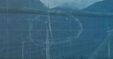 Rüzgar türbinleri 3 boyutlu olarak canlandırılıyor, şebeke çizgileri ve veri çizelgeleriyle kaplanıyor. Yenilenebilir, sürdürülebilirlik, teknoloji, dijital, enerji, çevre dostu, manzara