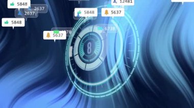 Sanal dairesel arayüz titreşimi ve sosyal medya ölçümlerini üç boyutlu olarak gösteriyor. Fütürist, dijital, holografik, arayüz, teknoloji, siber, veri