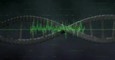 DNA çift sarmal karanlık uzayda kıvrılarak yeşil dalga şeklini ve yüzen veri noktalarını örtüyor. Kriptografi, biyoenformatik, fütüristik, teknoloji, veri görselleştirme, 3D tasarım, bilim