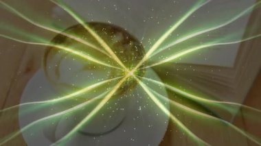 Kahve fincanı ahşap masaya yeşil enerji yayıyor. Düz tasarımda açık bir kitap sunuyor. Minimalist, çevre dostu, dijital sanat, rahatlama, çalışma alanı, ilham, canlı