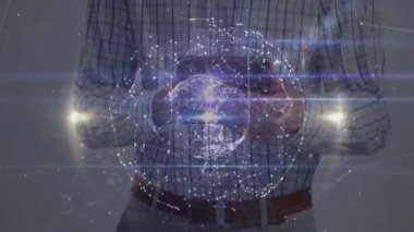 Adam tableti içeride tutuyor, tasarım için parlayan animasyon teknolojisi ağını keşfediyor. Teknoloji, yenilik, bağlantı, gelecek, veri, dijital, bilim