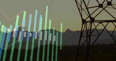 Çelik kafes kulesi Pastel parmaklıkların ve düz tasarımın üzerinde duran ışık çizgisi grafikleri. Enerji, altyapı, teknoloji, veri görselleştirme, endüstriyel, dijital, mühendislik