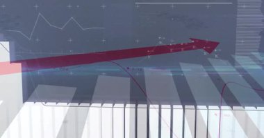 Kırmızı ok, şebeke arayüzündeki şeffaf 3D çubuk grafiklerinin ve renkli çizgi grafiklerinin üzerinden yukarı doğru tırmanıyor. Veri görselleştirme, analitik, panel, finans, dijital arayüz, teknoloji, veri büyümesi